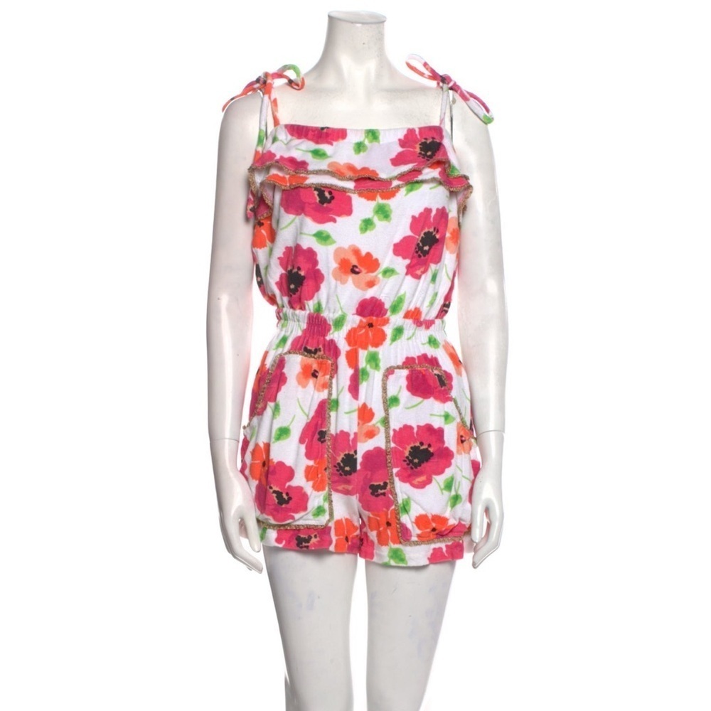 MANOUSH WHITE AND PINK FLORAL SQUARE NECK RUFFLE ROMPER